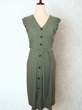Monteau Sage Green Button Up Midi Dress Ruffle Cap Sleeve Tie Waist Size X-Small